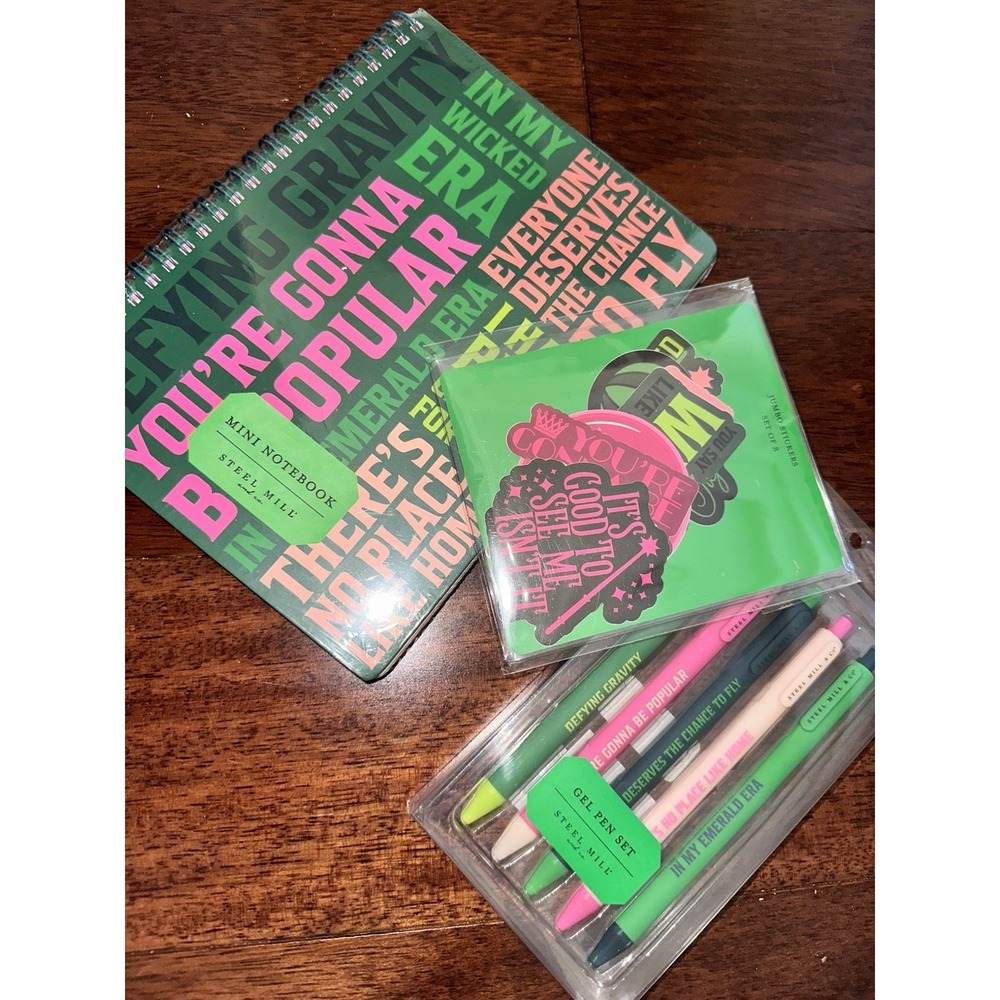 NWT Steel Mill & Co WICKED Notebook; jumbo stickers; Pen Set of 5, NEW